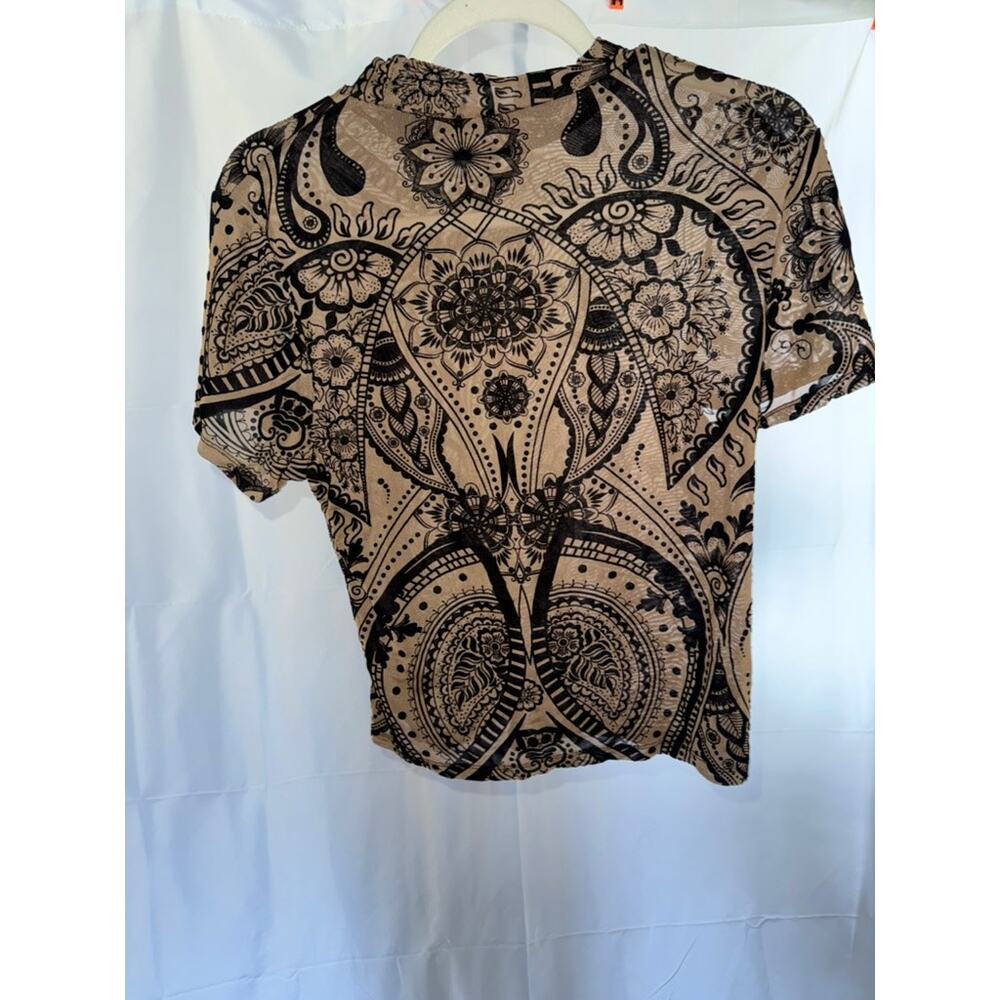 shein curve sheer brown mesh top black pattern size 1XL long sleeve